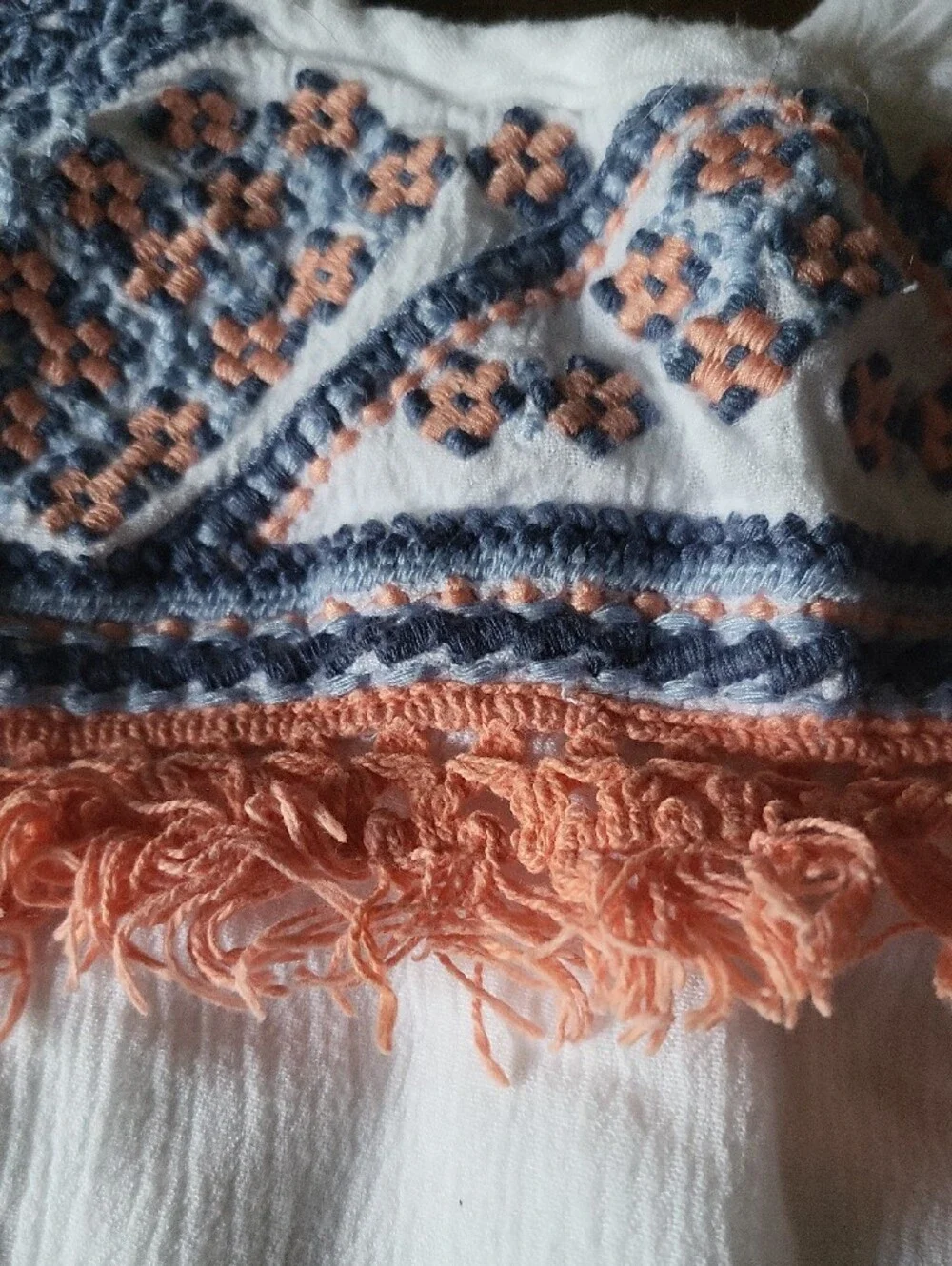abercrombie kids White Tank Top with Blue Embroidery and Peach Fringe